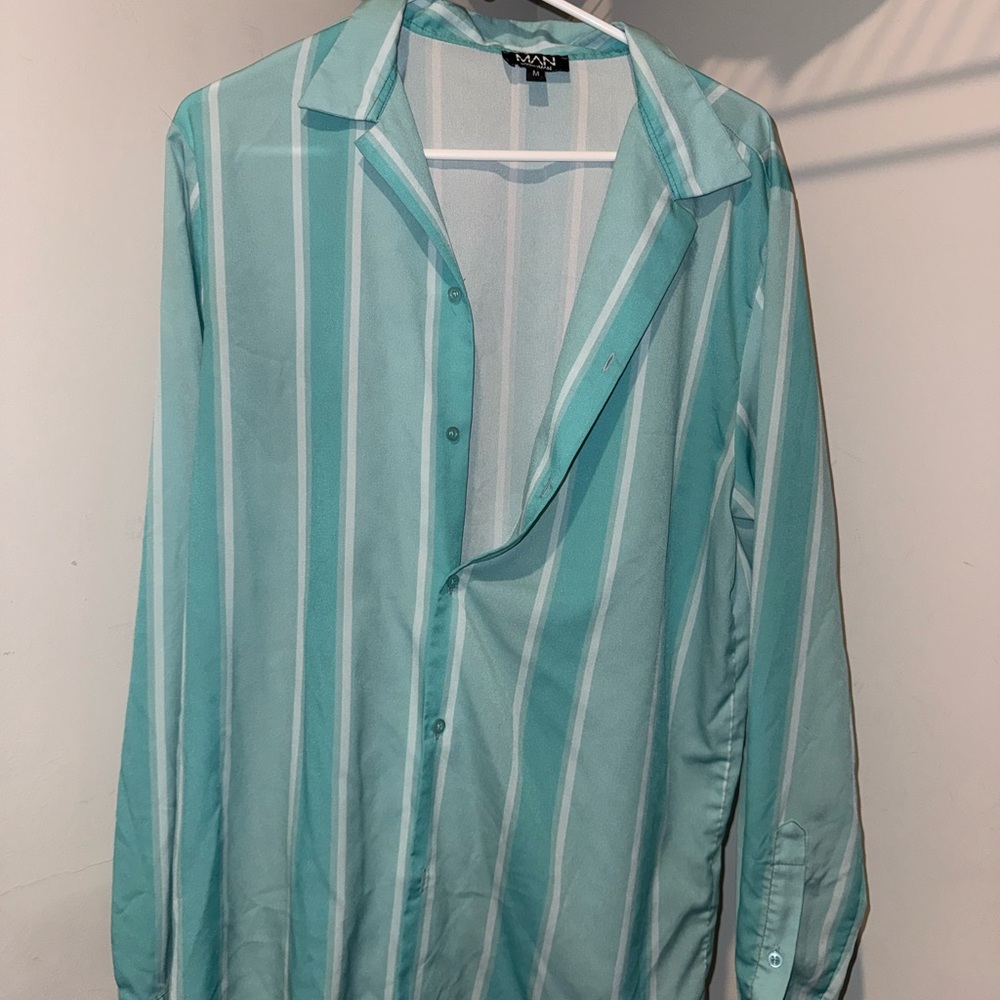 Men's Aqua Striped Casual Button Down Shirt